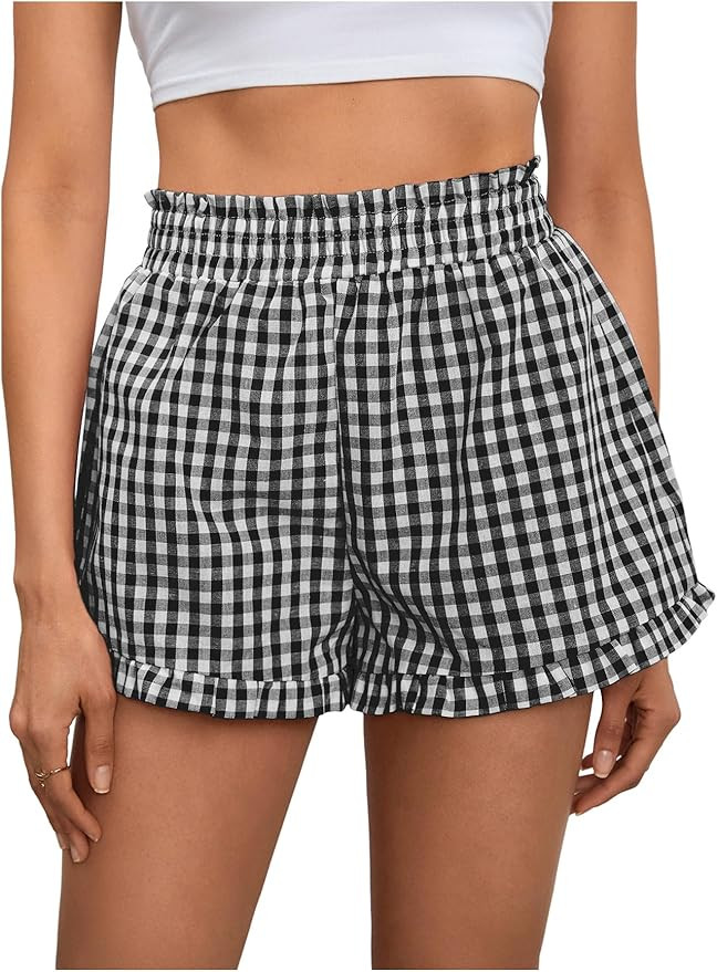MakeMeChic Women's Gingham Ruffle Lounge Shorts Elastic High Waist Pajamas Boxer Shorts | Amazon (US)