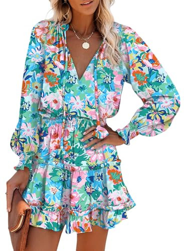 Dokotoo Sun Dresses for Women 2026 Resort Wear V Neck Ruffle Tiered Chiffon Smocked Long Sleeve Boho Hawaiian Floral Dress Beach Vacation Clothes Summer Casual Mini Dress Sundress Sky Blue Medium | Amazon (US)