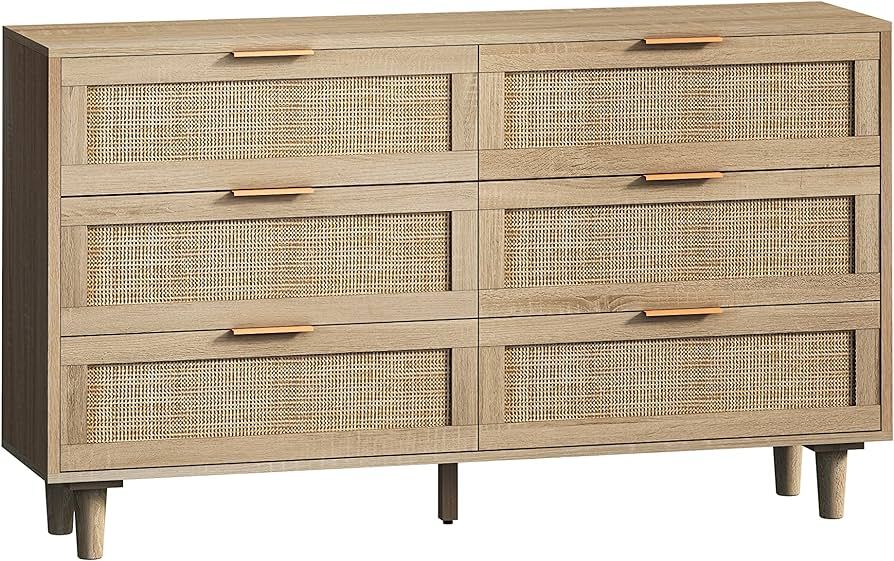 BFJDM 51.18'' 6 Drawer Rattan Storage Dresser Rectangle Wood Cabinet for Living Room Hallway Entr... | Amazon (US)