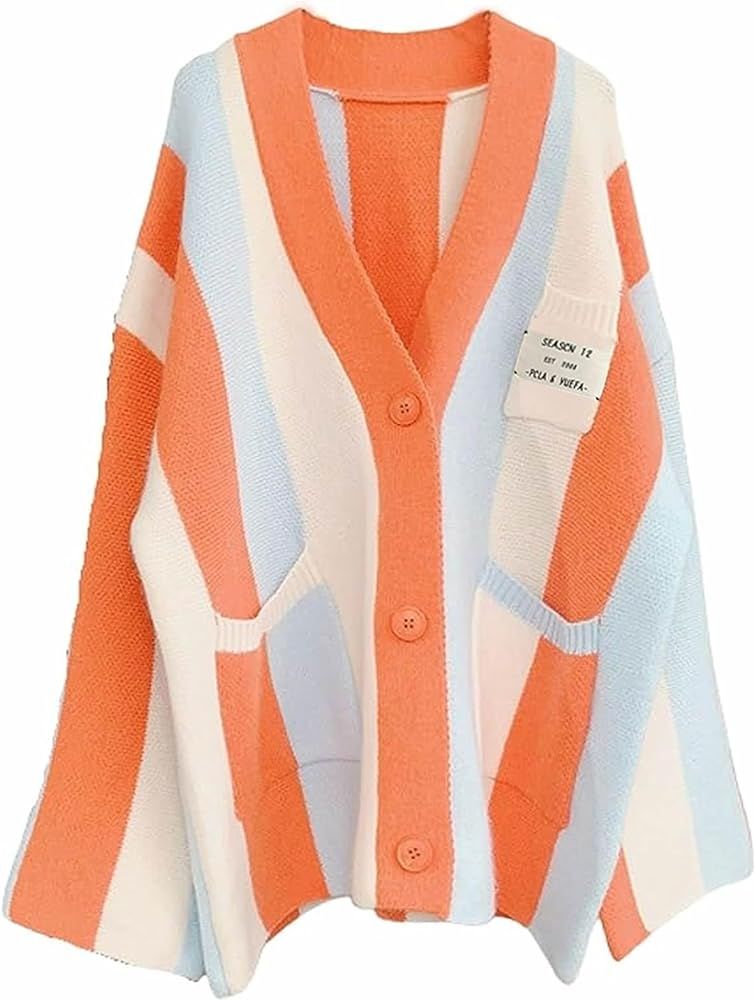 Womens Long Sleeve Cable Knitted Color Block Boho Striped Sweater Cardigans for Early Spring,Fall... | Amazon (US)