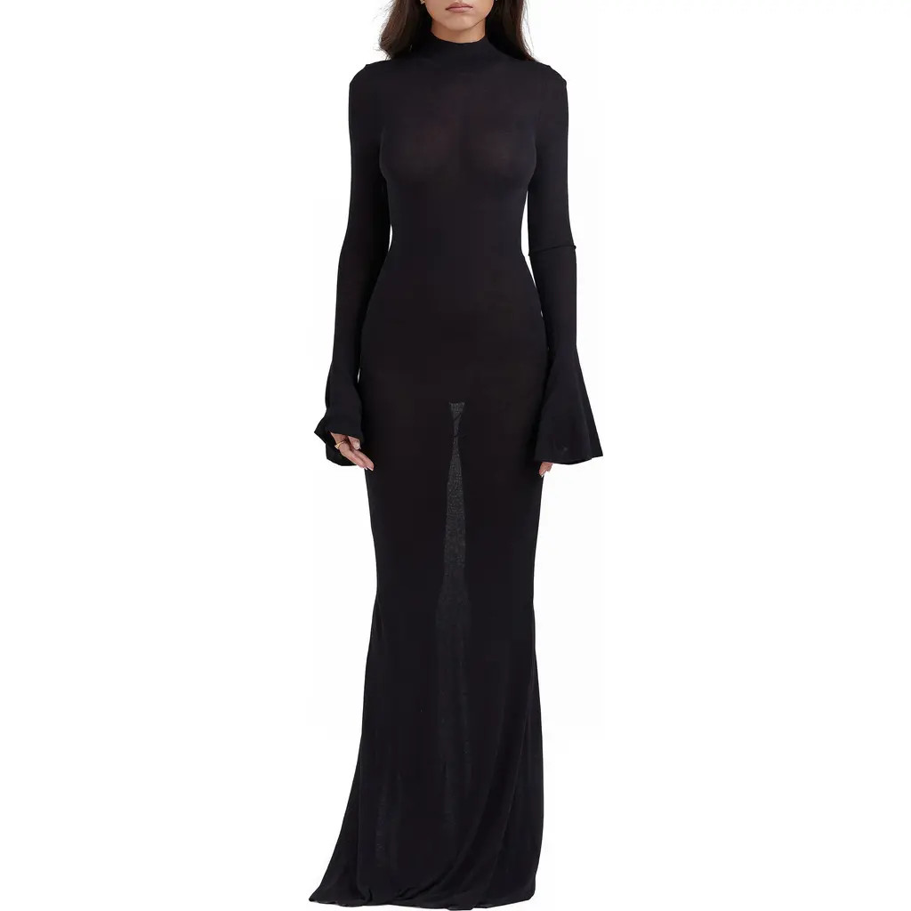 HOUSE OF CB Sancha Open Back Long Sleeve Semisheer Body-Con Maxi Dress in Black at Nordstrom, Size Large | Nordstrom