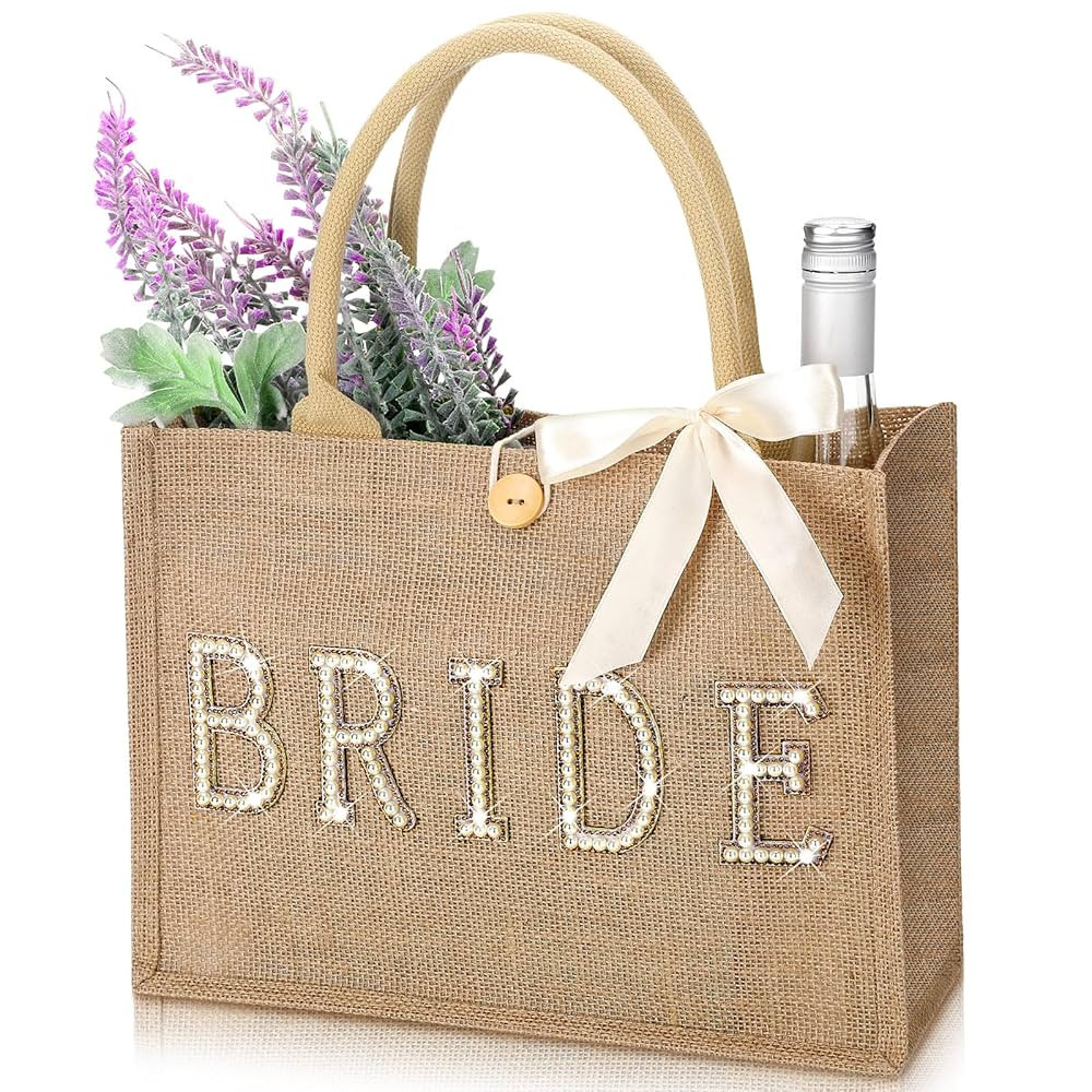 Silkfly Wedding Bride Bag Natural Jute Tote with Ribbon Bride Gift Bag with Handle for Shower(Gol... | Amazon (US)