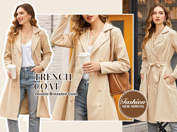 Zeagoo Women's Trench Coats Double-Breasted Long Coat with Belt | Amazon (US)