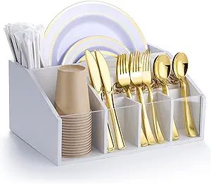 Paper Plate Dispenser,Paper Plate Holders for Kitchen Counter,Utensil Caddy Organizer,Wooden Pape... | Amazon (US)