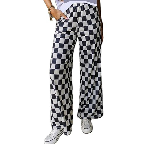 Women Checkered Pants Y2K High Waist Wide Leg Loose Fitted Gingham Lounge Pants Hip Hop Trouser Vintage Streetwear (Black, L) | Amazon (US)