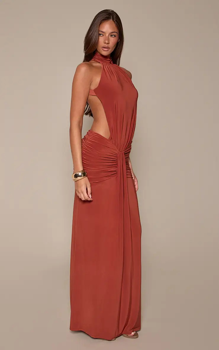 Rust Slinky High Neck Drape Detail Backless Maxi Dress | PLT | PrettyLittleThing UK