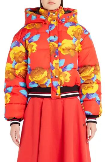 Women's Msgm Floral Print Crop Puffer Jacket, Size 2 US / 38 IT - Red | Nordstrom