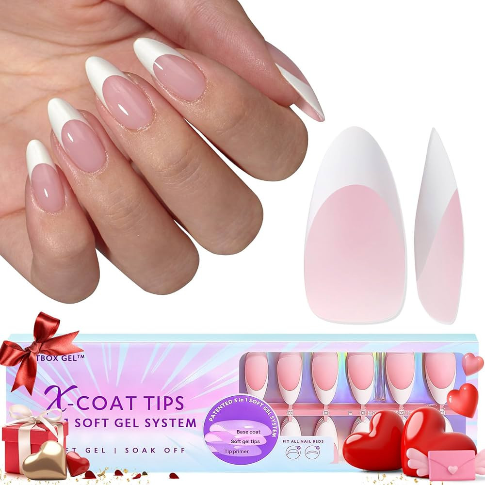 BTArtboxnails French Gel Nail Tips - French Tip Press on Nails Pink Medium Almond XCOATTIPS Pre-a... | Amazon (US)