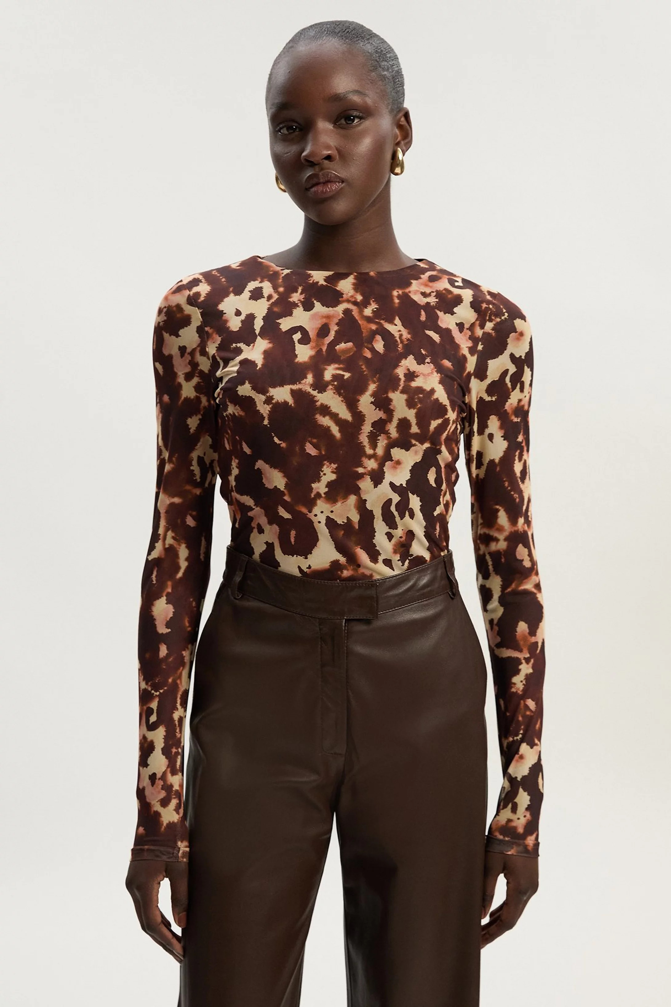 Long Sleeve Leopard Print Mesh Bodysuit | Karen Millen UK + IE + DE + NL