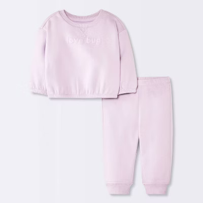Baby Girls' 2pc Love Bug Fleece Sweatshirt and Jogger Pants Set - Cloud Island™ Purple Newborn | Target