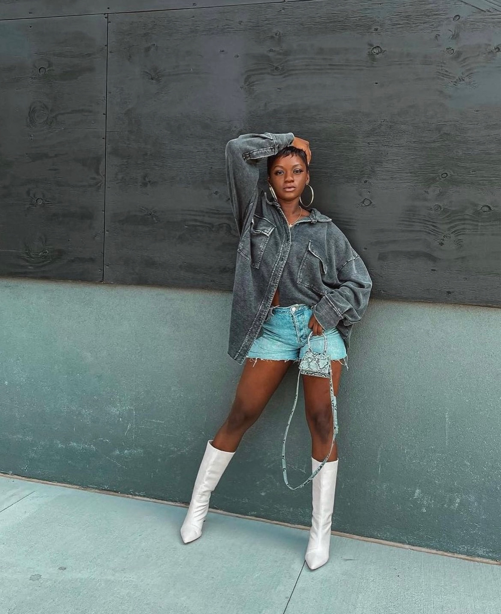 Spring outfit of the day featuring denim shorts, gray cardigan, and white boots 

#LTKshoecrush #LTKSpringSale #LTKstyletip