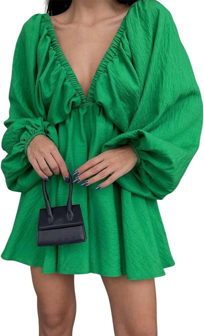 LOFAAC Women Sexy Deep V Neck Puff Long Sleeve Mini Dress Backless High Waist Ruffle Short Dress ... | Amazon (US)