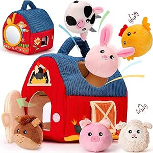 hahaland Baby Toys 6-12 Months - Surprise Barn Stuffed Farm Animals, Rattle, Crinkle, Mirror, Mon... | Amazon (US)
