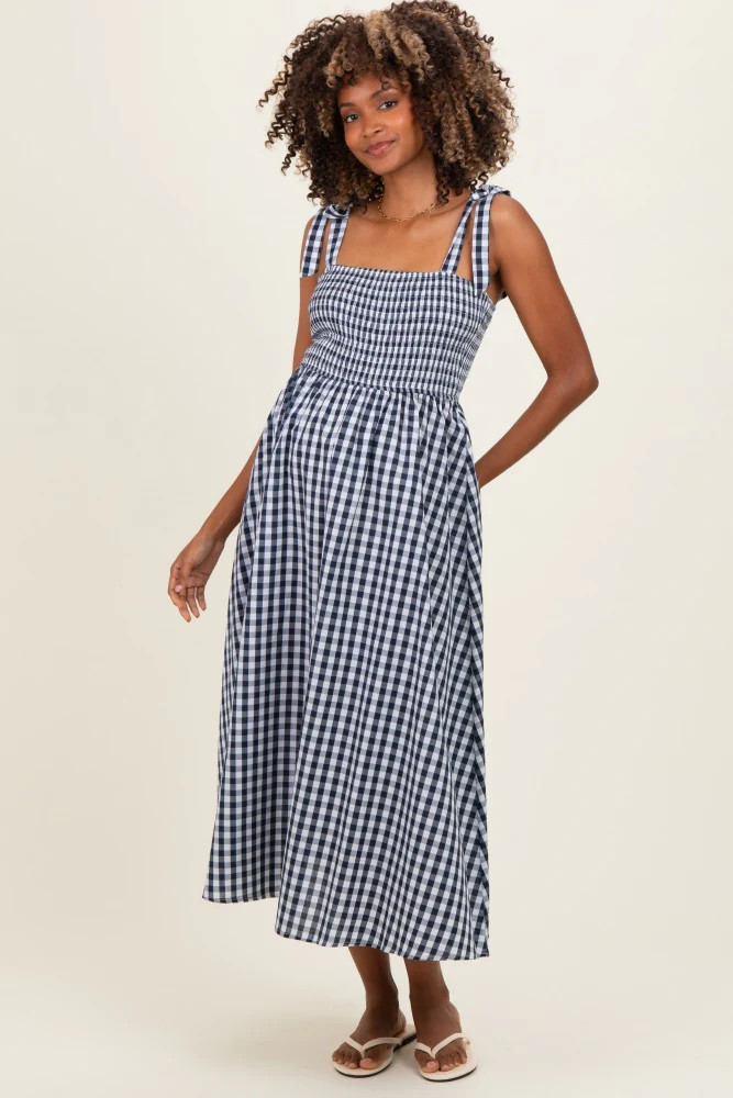 Navy Gingham Smocked Shoulder Tie Maternity Midi Dress | PinkBlush Maternity