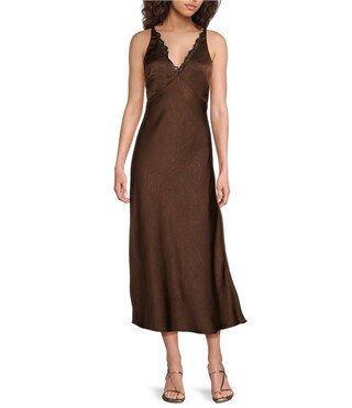 Satin Lace V-Neck Sleeveless Maxi Dress | Dillard's