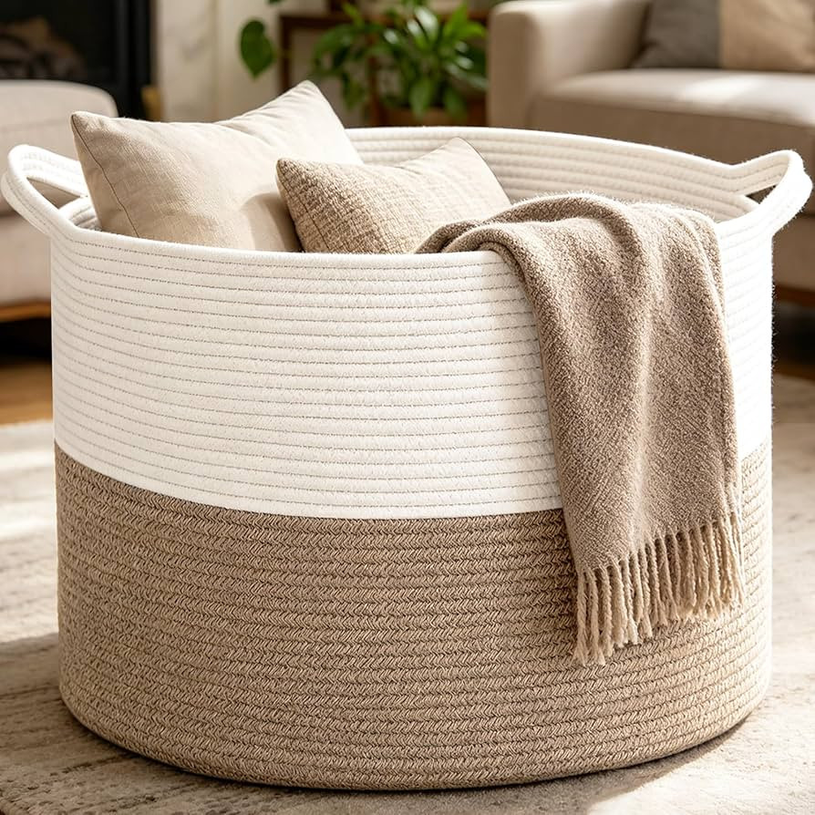 Large Woven Blanket Basket,65L Cotton Rope Laundry Basket Hamper with Handles, Decorative Nursery... | Amazon (US)