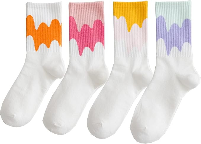 4 Pairs Womens Crew Socks Wave Striped Athletic Middle Tube Long Socks Cute Novelty Socks Small G... | Amazon (US)