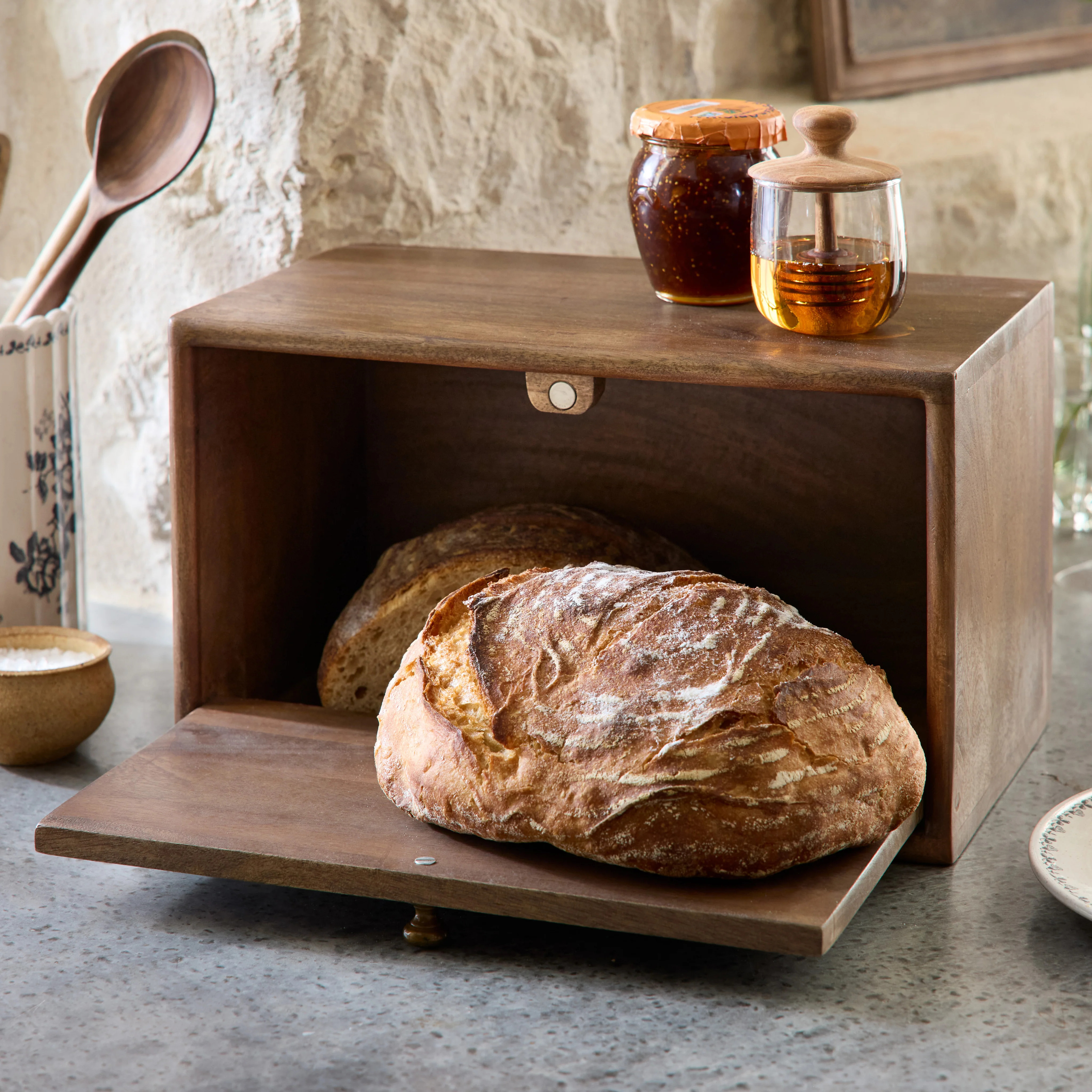 Antiqued Wood Carved Bread Box | Magnolia