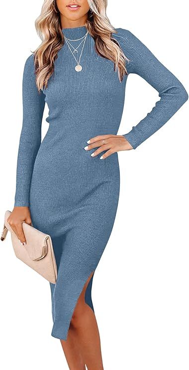 WONETA Women's Long Sleeve Ribbed Midi Dress Mock Neck Slim Fit Slit Knit Sweater Dress | Amazon (US)