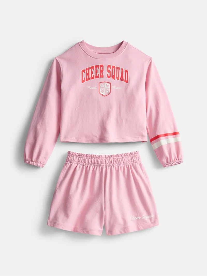 Wonder Nation Little Girls Crewneck Sweatshirt and Shorts Set, 2 Piece, Sizes 4-10 | Walmart (US)