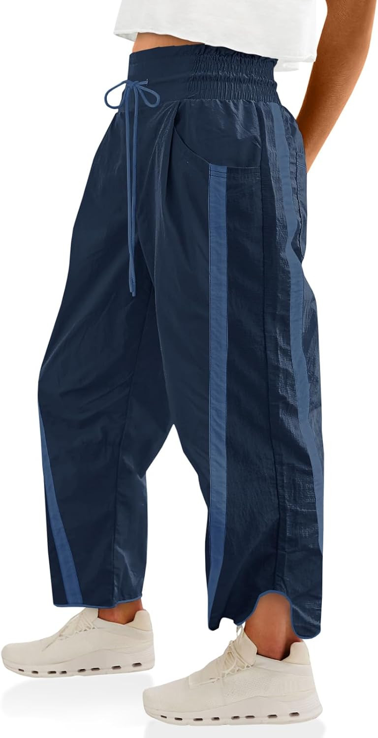 Fisoew Women's Baggy Wide Leg Pants Casual Drawstring Elastic Waisted Contrast Color Workout Y2K Track Pants | Amazon (US)