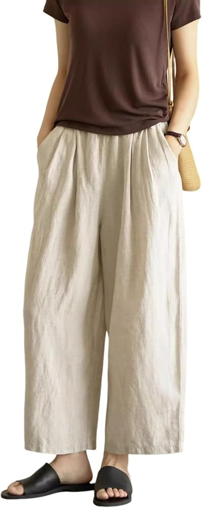 Yeokou Womens Linen Pants Summer Casual Capris Cropped Wide Leg Beach Trousers with Pockets | Amazon (US)