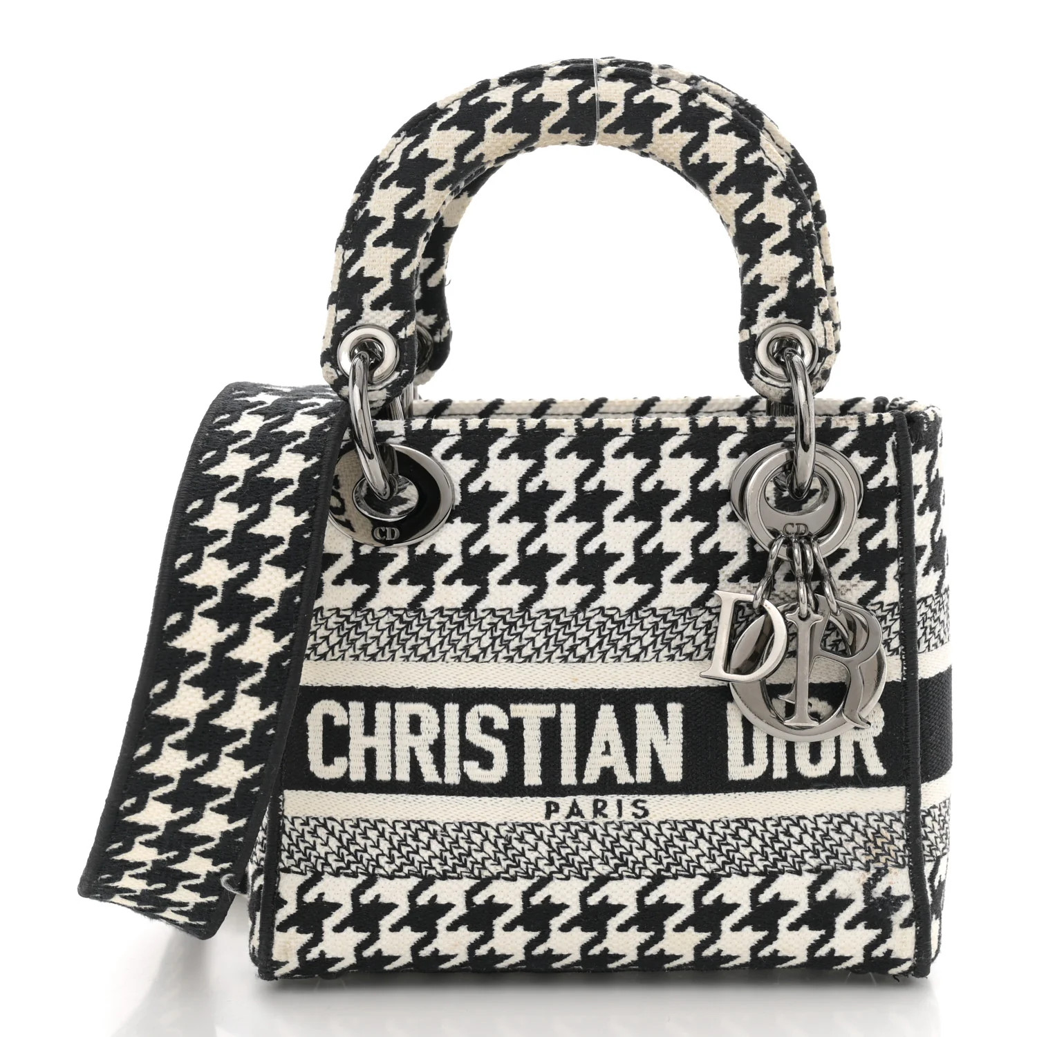 Canvas Houndstooth Embroidered Mini Lady D-Lite Black White | FASHIONPHILE (US)