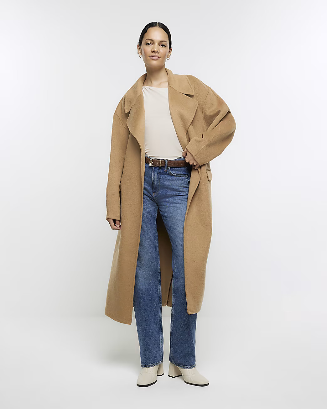 Beige wool blend belted coat | River Island (UK & IE)