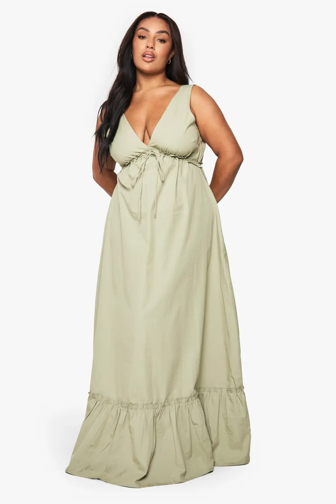Sage boohoo Plus Cotton Poplin Ruched Tie Detail Maxi Dress | PrettyLittleThing USA | PrettyLittleThing US