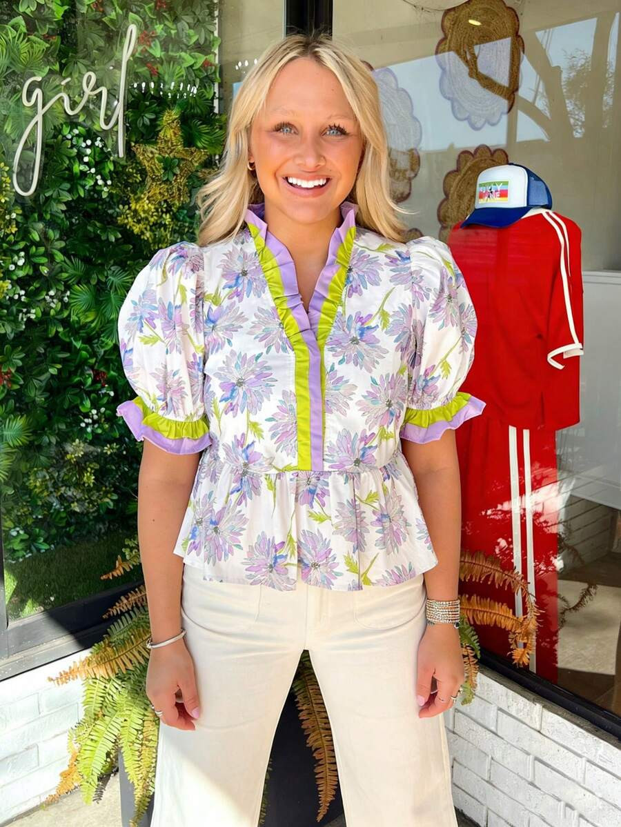 Women's Purple Floral Blouse - Stand Collar Puff Sleeve Ruffled Trim Dressy Top, Office Casual Dr... | SHEIN