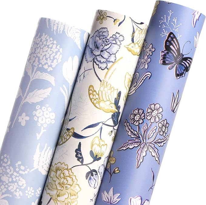 Ribbli Floral Wrapping Paper Mini Roll, 3 Rolls Dusty Blue Vintage Flower Gift Wrap for Women Gir... | Amazon (US)