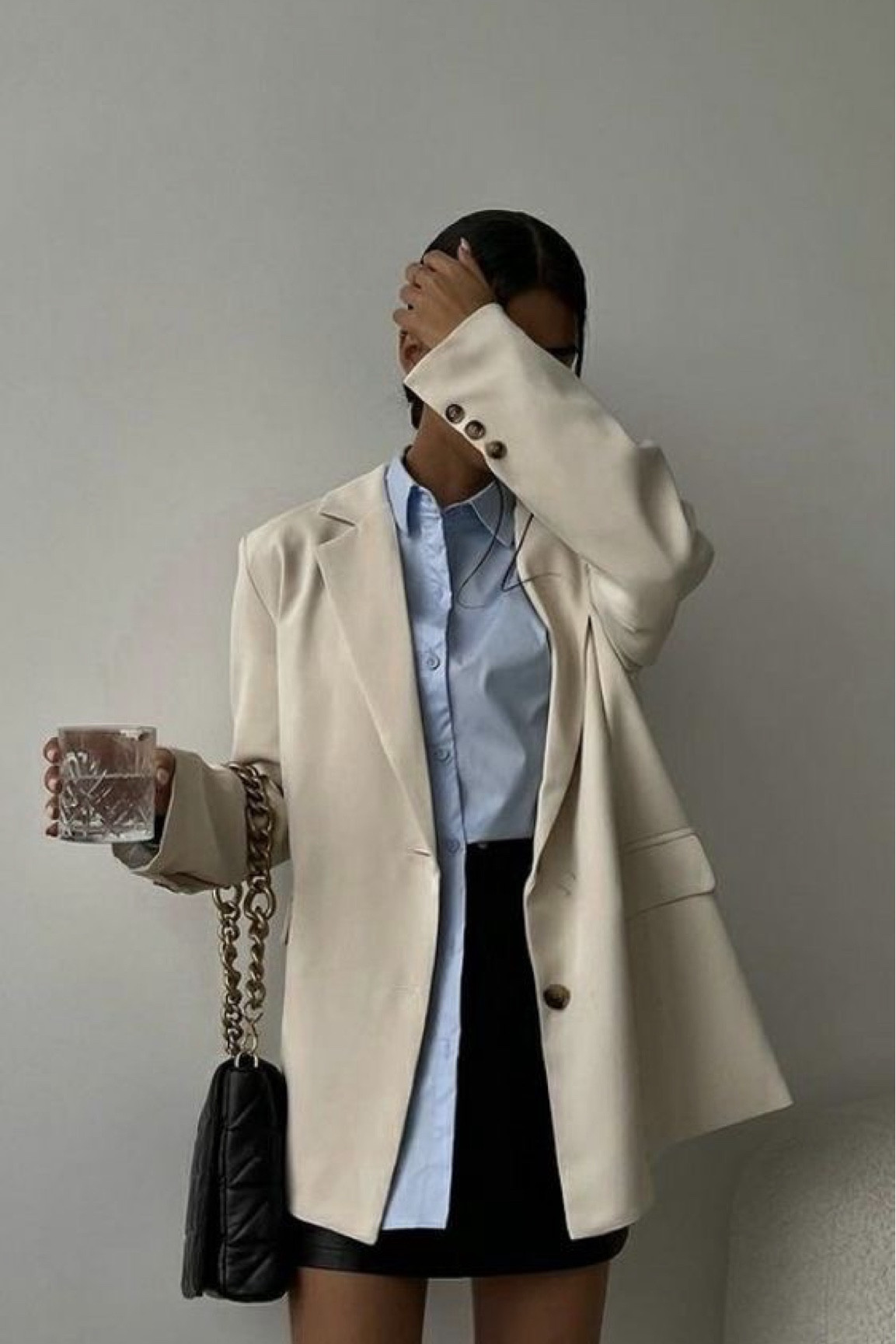 Ivory blaze 
Baby blue button down shirt 
Black mini skirt 
Black chain bag 

#LTKWorkwear #LTKStyleTip #LTKPetite