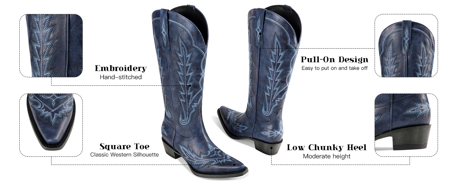 Amazon.com: zhsrin Blue Cowboy Boots For Women Cowgirl Boots Pull On Knee High Retro Chunky Heel ... | Amazon (US)