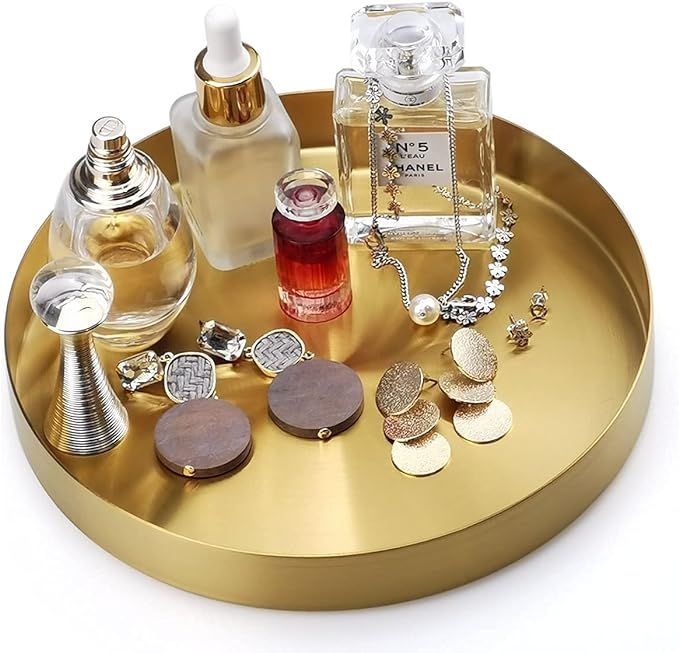 FREELOVE Round Gold Serving Trays, Decorative Tray for Perfume Jewelry Food Coffee Tea Candle, Ba... | Amazon (US)