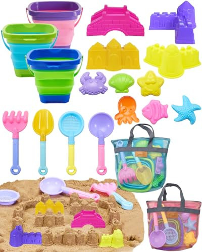 Unistylar Beach Toys, Sand Beach Toys for Toddlers with 3 Collapsible Foldable Sand Bucket and Shovels, Mesh Bag, Sand Castle Animal Molds Sets, Travel Sand Toys, Sandbox Toys for Kids Age 3-10 | Amazon (US)