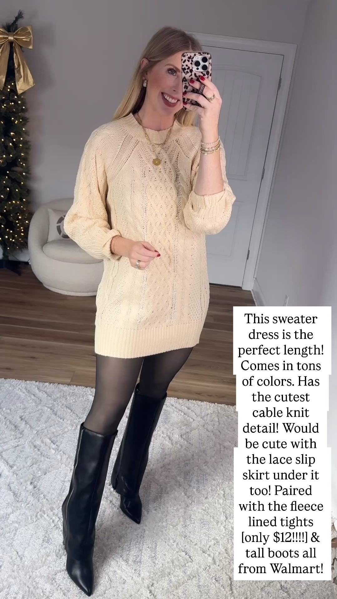 Amazon outfit, Amazon try on, sweater dress, Walmart fleece lined tights, tall black boots 

#LTKSaleAlert #LTKFindsUnder50 #LTKootd