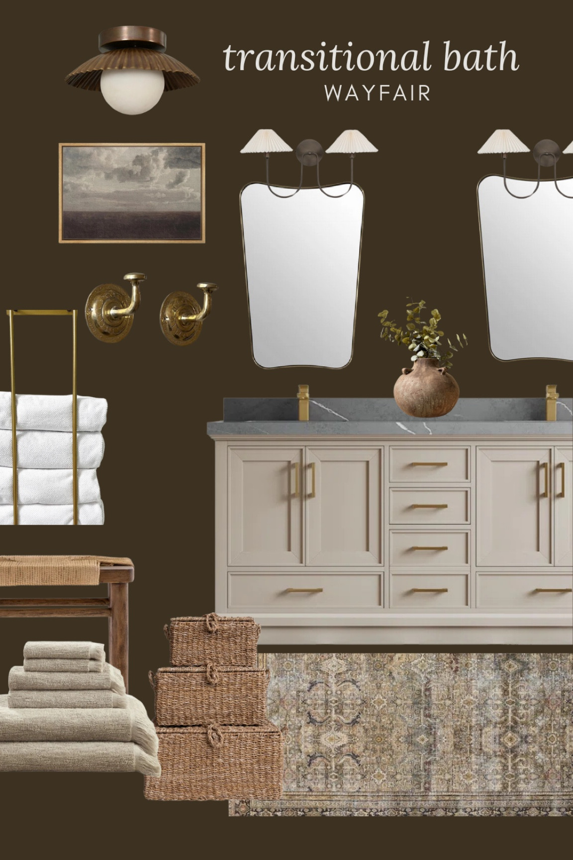 Wayfair transitional bathroom, bathroom, mirror, ottoman, stool, vintage style rug, unlike brass hooks, framed and art, vintage style rug, bathroom vanity, new From Way

#LTKStyleTip #LTKSaleAlert #LTKHome