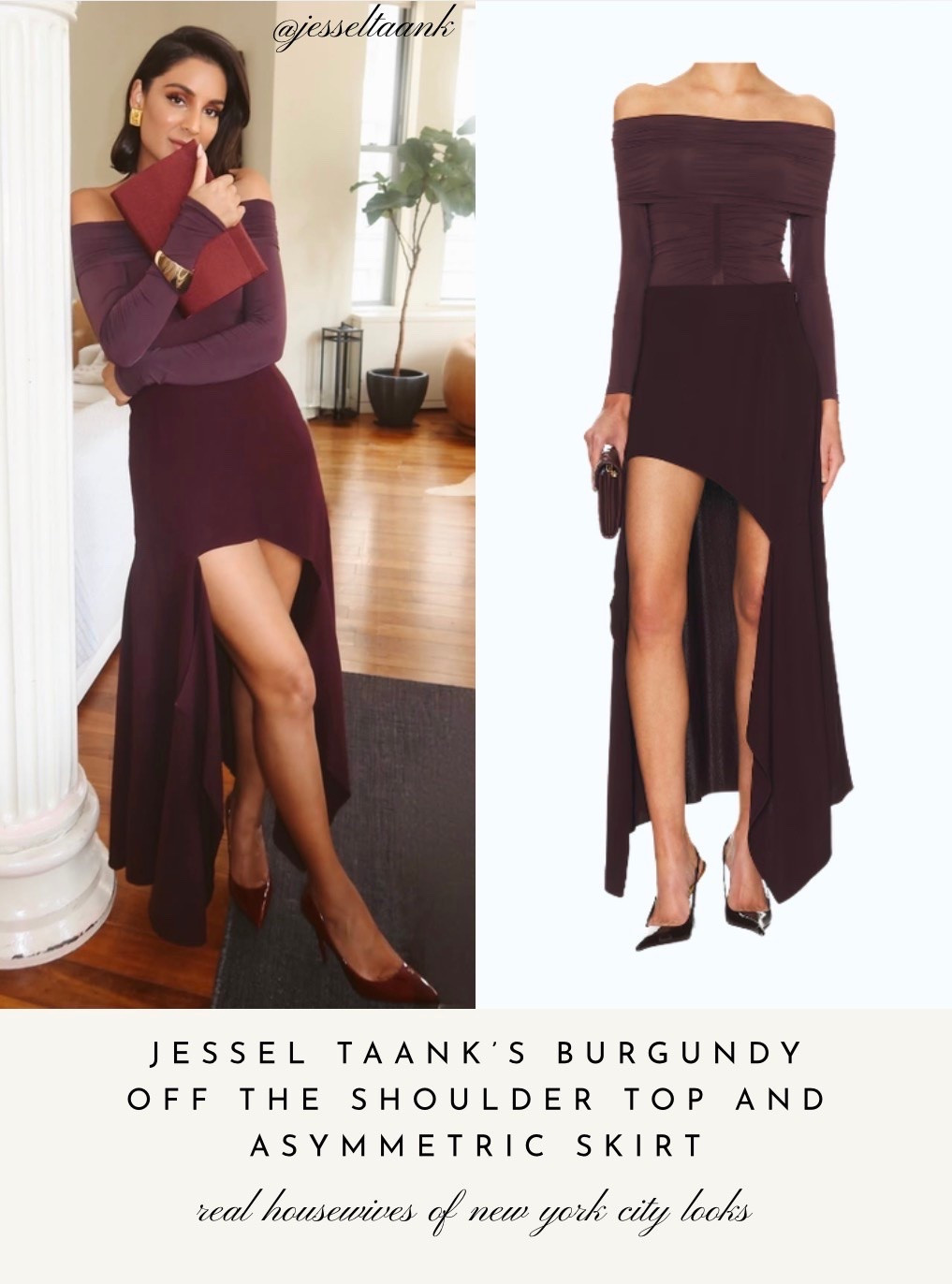 Jessel Taank’s Burgundy Off The Shoulder Top and Asymmetric Skirt 📸= @jesseltaank