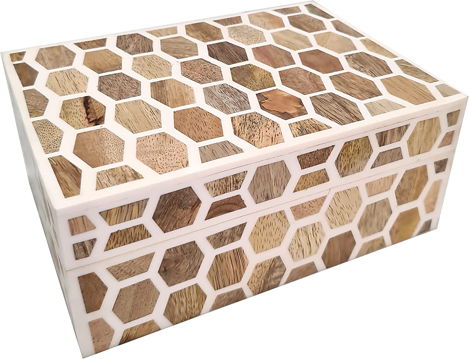 Multi Utility Honeycomb Pattern Bone Inlay Decorative Jewelry Box Housewarming Keepsake Storage | Amazon (US)