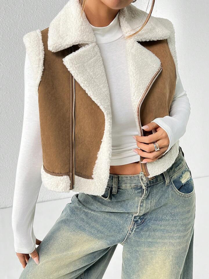 SHEIN PETITE Women's Brown Lapel Loose Fleece Jacket | SHEIN