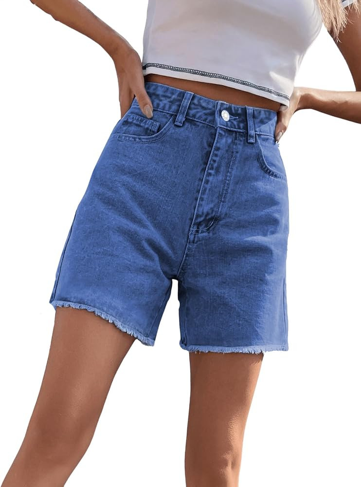 SweatyRocks Women's High Waist Denim Shorts Straight Leg Raw Hem Jean Shorts Summer Hot Pants wit... | Amazon (US)