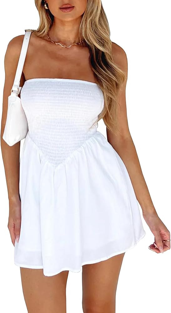 Cantonwalker White Strapless Mini Dress Elasticated Waistband Twist Flowy Mini Dress for Summer 0... | Amazon (US)