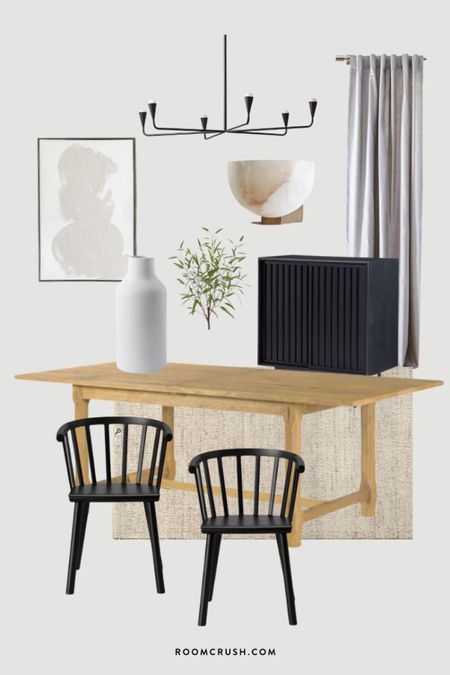 Organic modern dining room inspiration. Wood dining table with black dining chairs, jute rug, black chandelier, brass and alabaster wall sconce, bar cabinet styling. Organic modern home style. See more at RoomCrush.com



#LTKFind #LTKhome #LTKSale