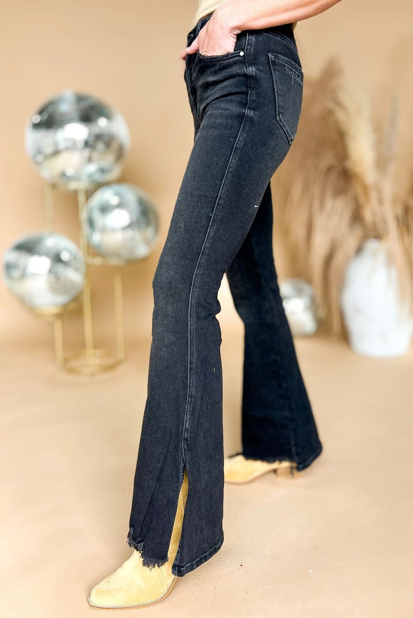 Risen Black High Rise Distressed Hem Split Flare Jeans | Shop Style Your Senses