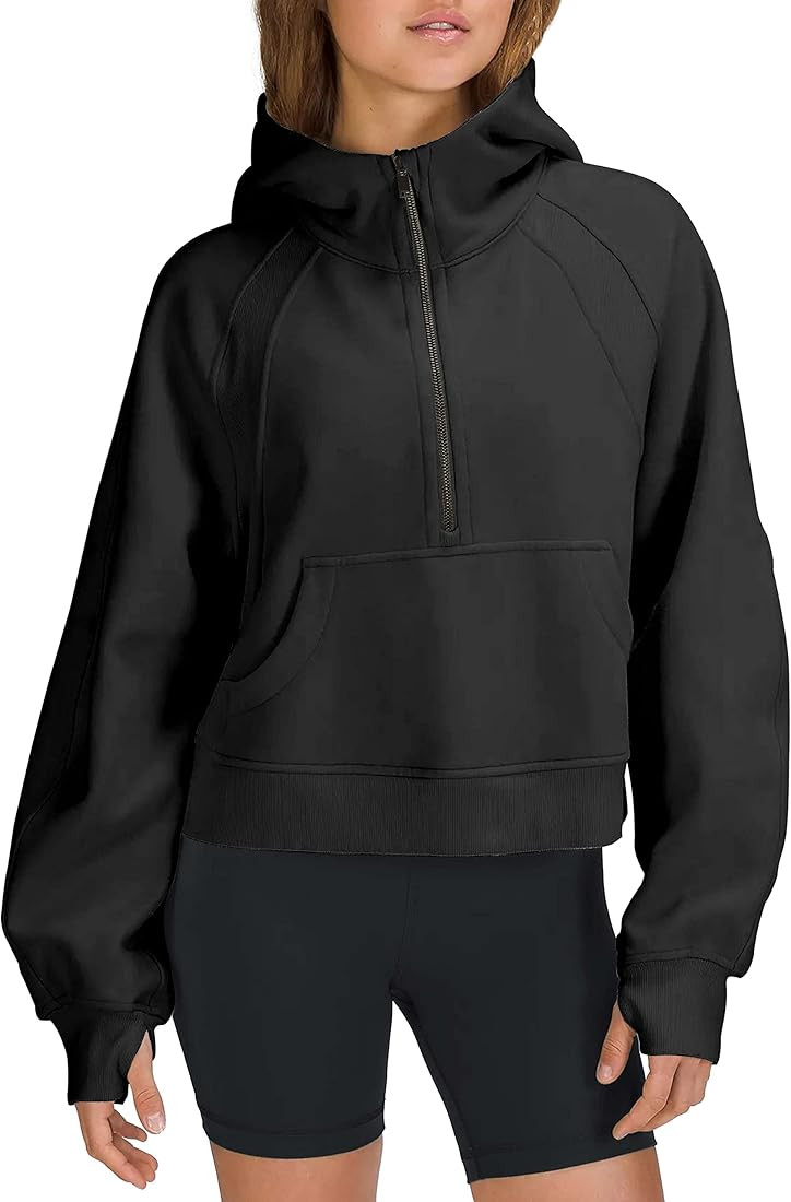 LAMOER Womens Hoodie Pullover Sweatshirts Peachskin Velvet Half-Zip Crop Hooded Fleece Lined Coll... | Amazon (US)
