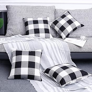 4TH Emotion Set of 2 Farmhouse Buffalo Check Plaid Throw Pillow Covers Cushion Case Cotton Linen ... | Amazon (US)