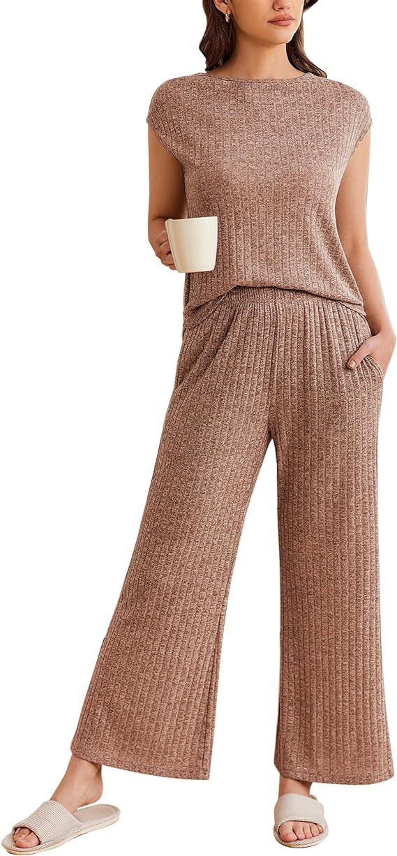 Ekouaer Pajama Sets for Women 2 Piece Casual Pj Set Knit Crew Neck Cap Sleeve Soft Sleepwear with... | Amazon (US)