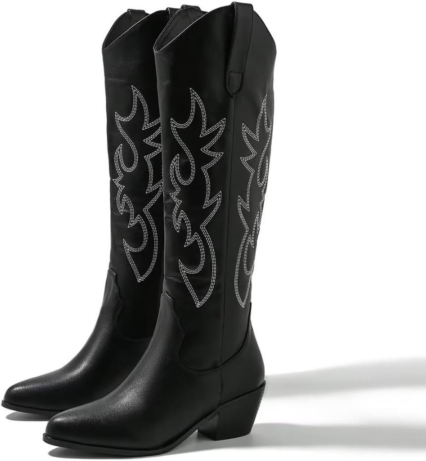 JOEupin Cowboy Boots for Women Western Cowgirl Boots with Chunky Heel Embroidered Pull On Knee High Boots | Amazon (US)