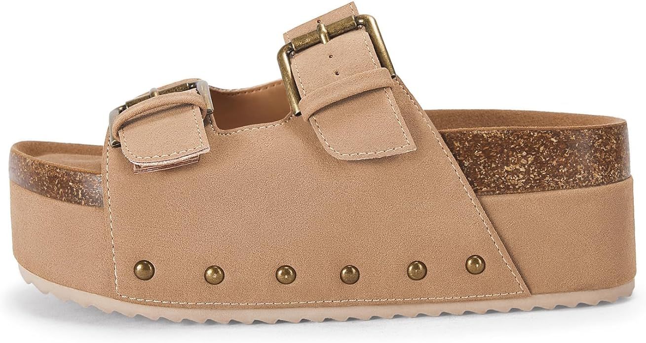 Coutgo Women's Cork Platform Sandals Slip on Mules and Clogs Double Buckle Straps Summer Shoes | Amazon (US)