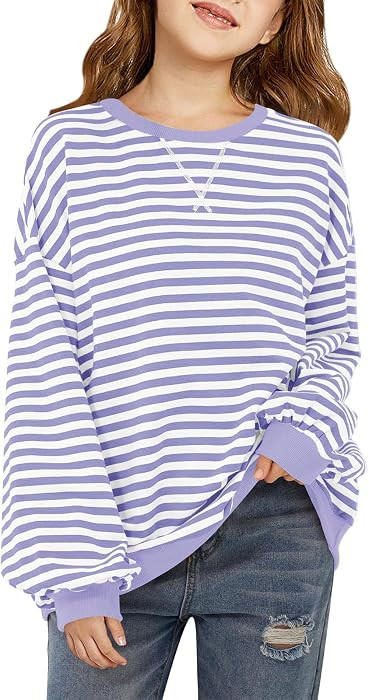 Haloumoning Girls Striped Crewneck Sweatshirt Long Sleeve Oversized Tops | Amazon (US)